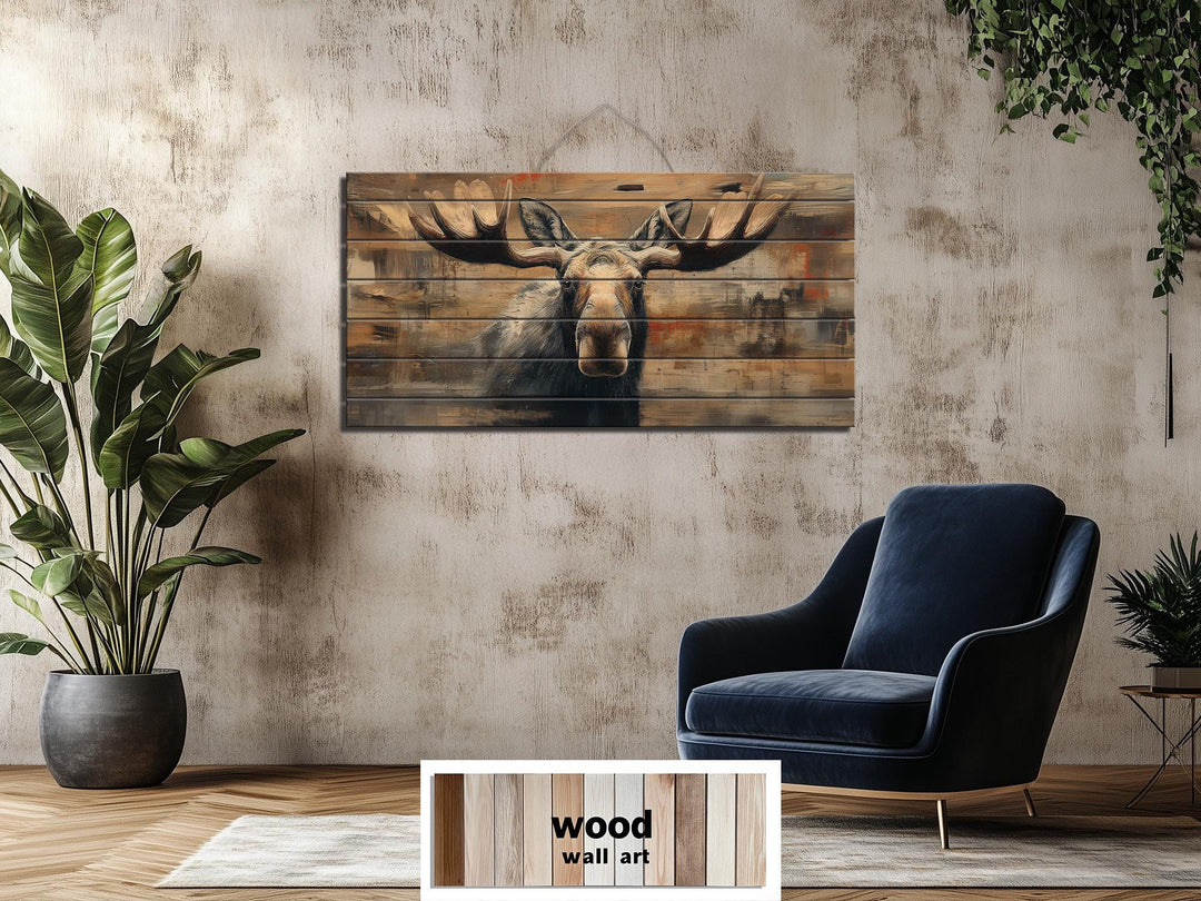 Large horizontal wood wall art featuring a rustic moose portrait on natural timber planks.