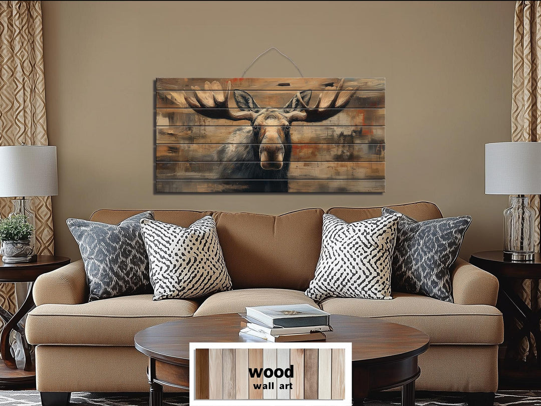 Large horizontal wood wall art featuring a realistic moose portrait on rustic timber planks.