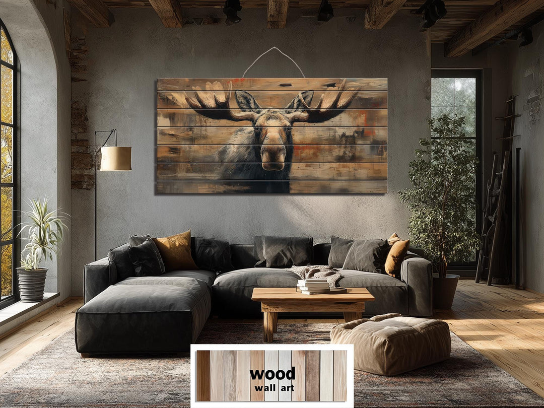 Large horizontal wood wall art featuring a realistic moose portrait for cabin or lodge decor.