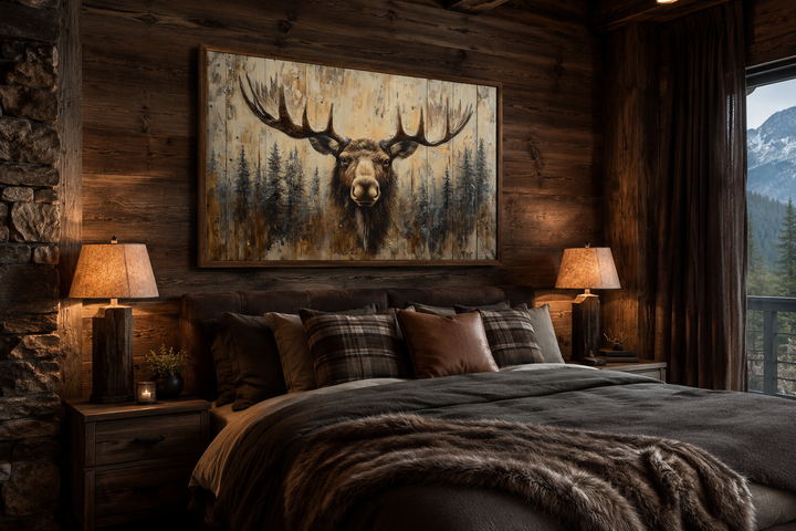 Moose portrait on wood rustic framed canvas wall art hanging above a bed in a cabin bedroom.