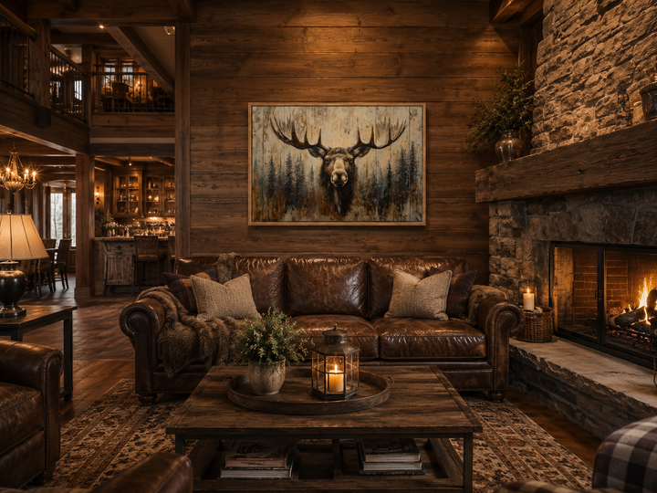 Moose portrait on wood rustic framed canvas wall art hanging above a leather sofa in a cabin.