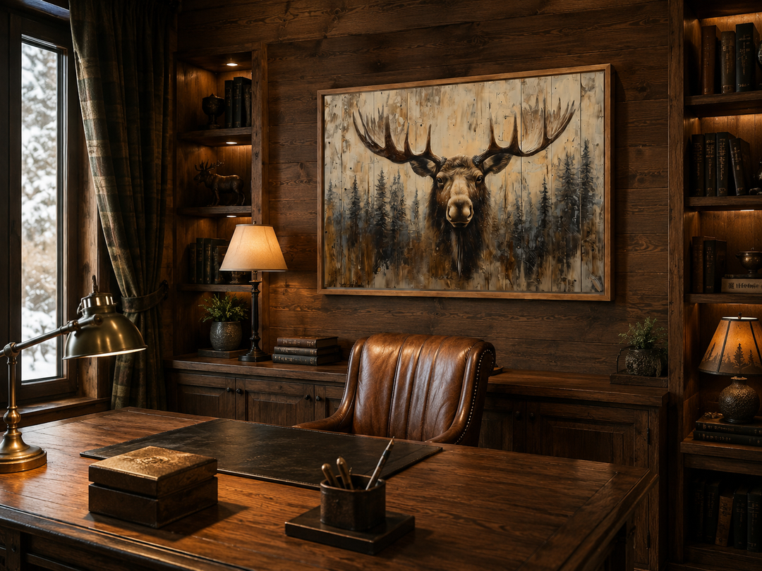 Moose portrait on wood-look framed canvas wall art in a rustic cabin office setting.