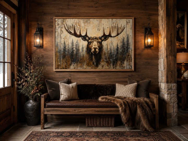 Rustic framed canvas wall art of a moose portrait on wood, displayed in a cozy cabin living room.
