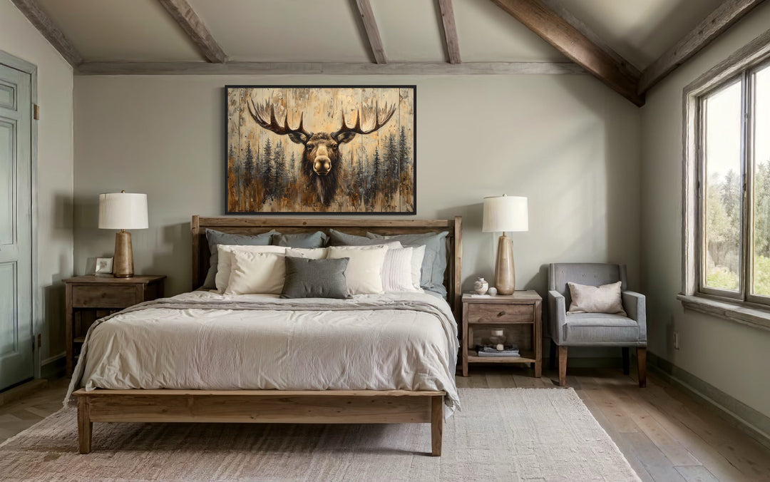 Rustic framed canvas wall art of a moose portrait on wood-look background above a bed in a cabin.