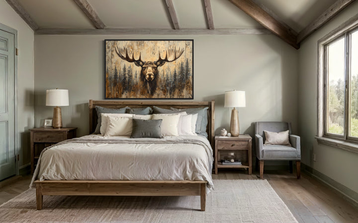 Rustic framed canvas wall art of a moose portrait on wood-look background above a bed in a cabin.