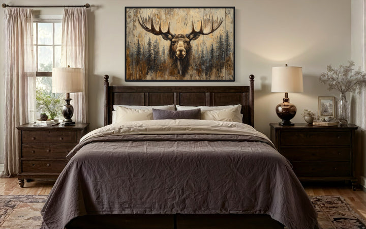 Moose portrait on wood-look framed canvas wall art hanging above a bed in a rustic bedroom.