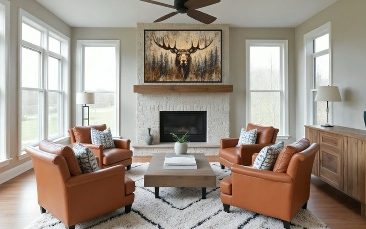 Moose portrait on wood rustic framed canvas wall art hanging above a fireplace in a living room.