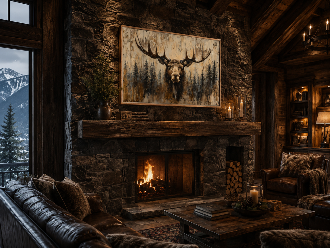 Moose portrait on wood-look framed canvas wall art above a stone fireplace in a rustic cabin.