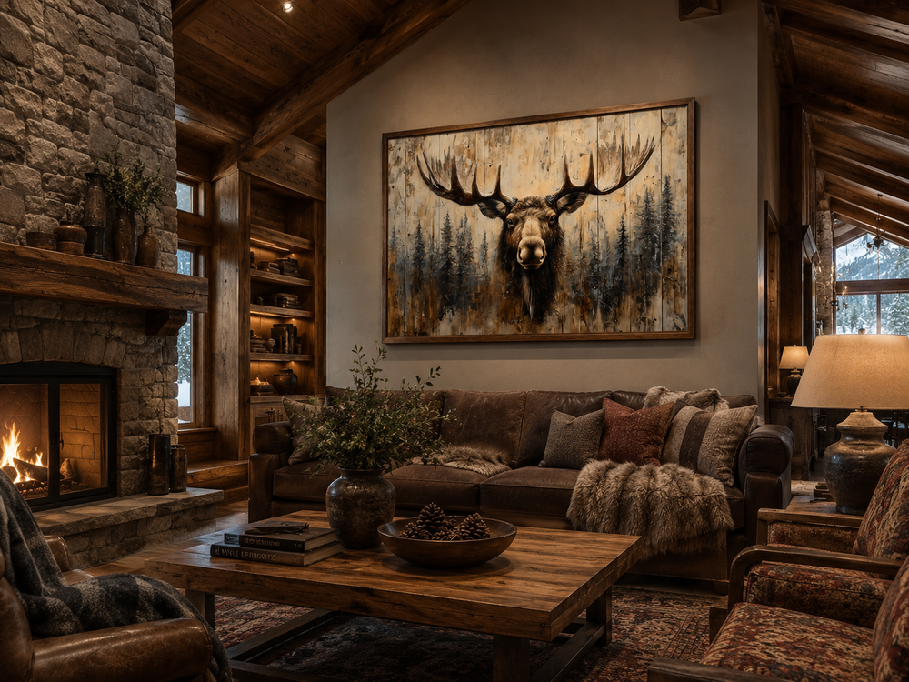 Moose portrait on wood-look framed canvas wall art in a rustic cabin living room setting.