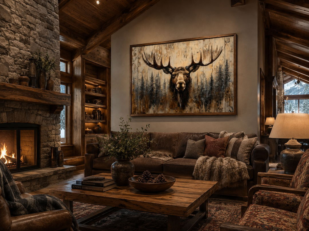 Moose portrait on wood-look framed canvas wall art in a rustic cabin living room setting.