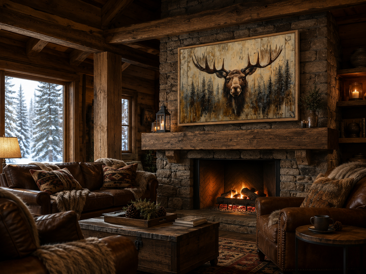 Rustic framed moose portrait on wood-look canvas above a stone fireplace in a cozy cabin living room