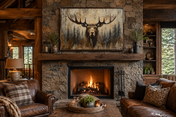 Moose portrait on wood-look framed canvas wall art above a stone fireplace in a rustic cabin.