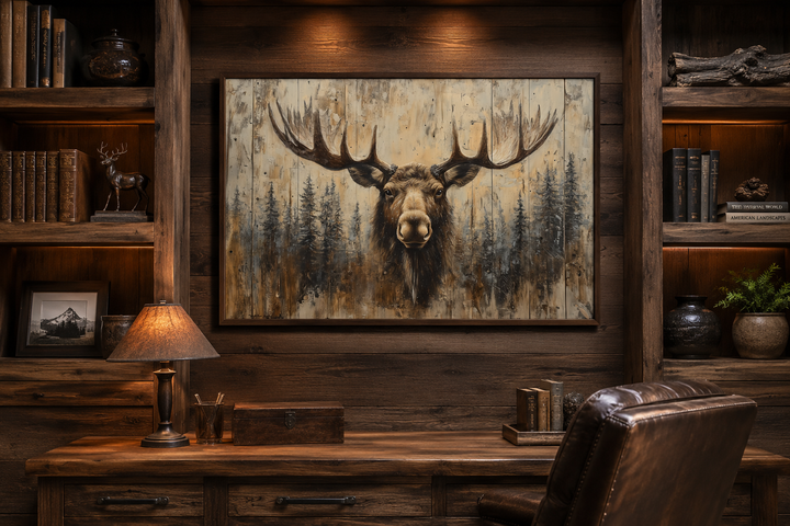 Rustic framed canvas wall art of a moose portrait on wood, hanging in a cabin-style office.