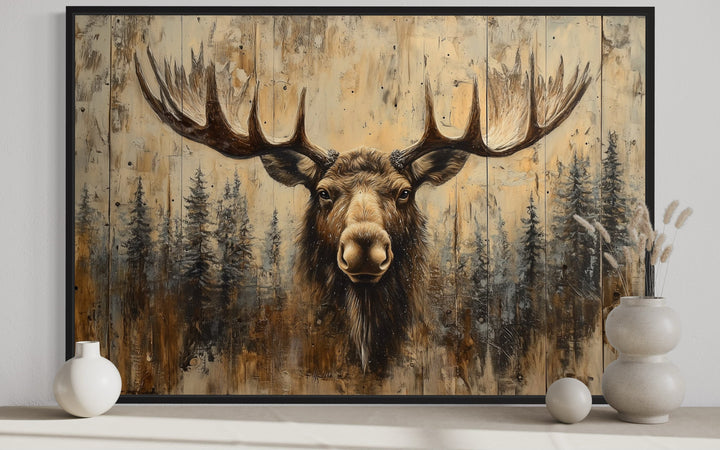 Rustic framed canvas wall art featuring a majestic moose portrait on a wood-textured background.