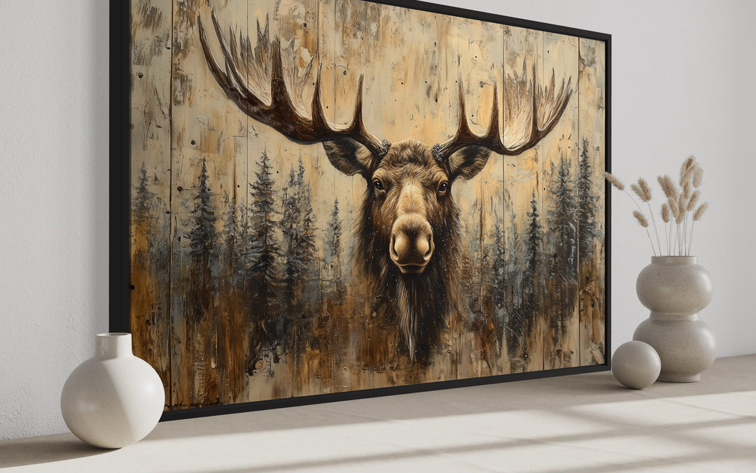 Moose Portrait On Wood Rustic Framed Canvas Wall Art For Cabin Decor