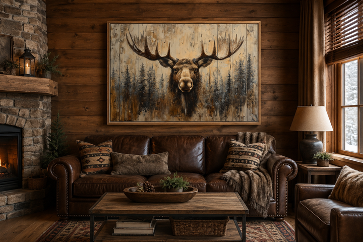 Rustic framed canvas wall art of a moose portrait on wood, hanging in a cozy cabin living room.