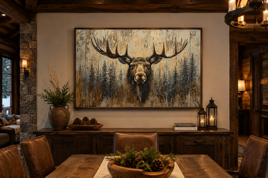 Moose portrait on wood-look rustic framed canvas wall art in a cabin dining room setting.