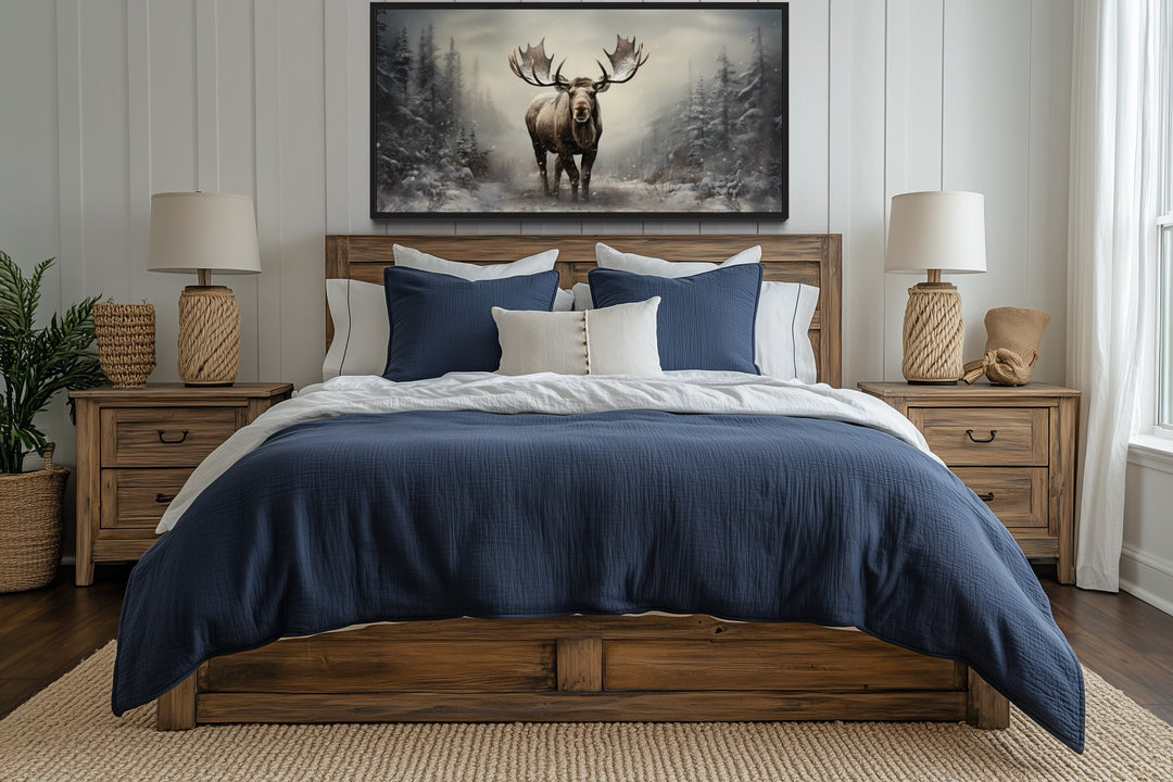 Moose Wall Art – Framed Canvas Print | Rustic Winter Forest Cabin Decor