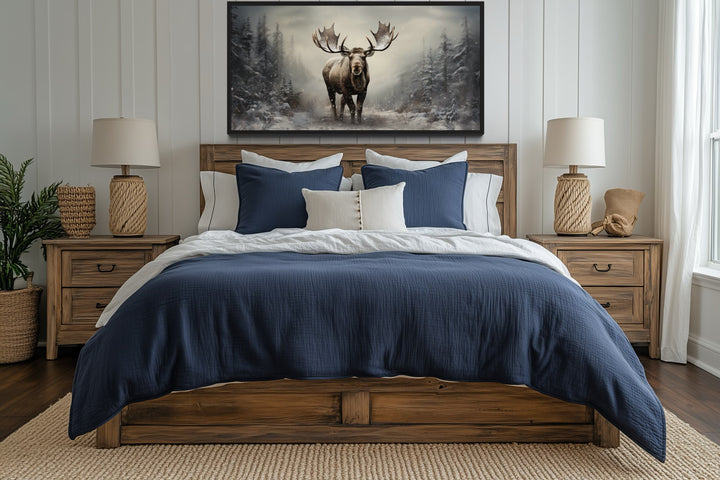 Moose Wall Art – Framed Canvas Print | Rustic Winter Forest Cabin Decor
