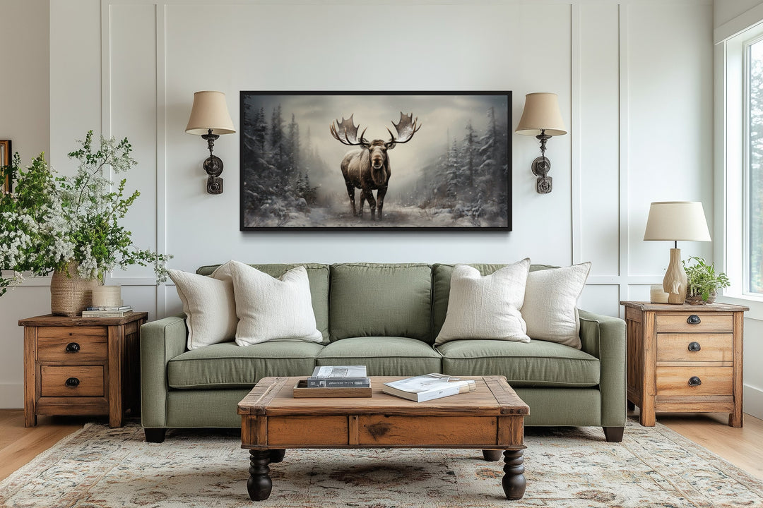 Moose Wall Art – Framed Canvas Print | Rustic Winter Forest Cabin Decor
