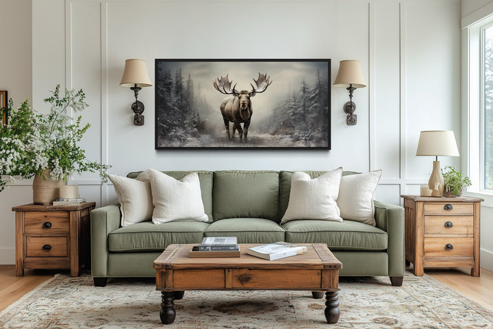 Moose Wall Art – Framed Canvas Print | Rustic Winter Forest Cabin Decor