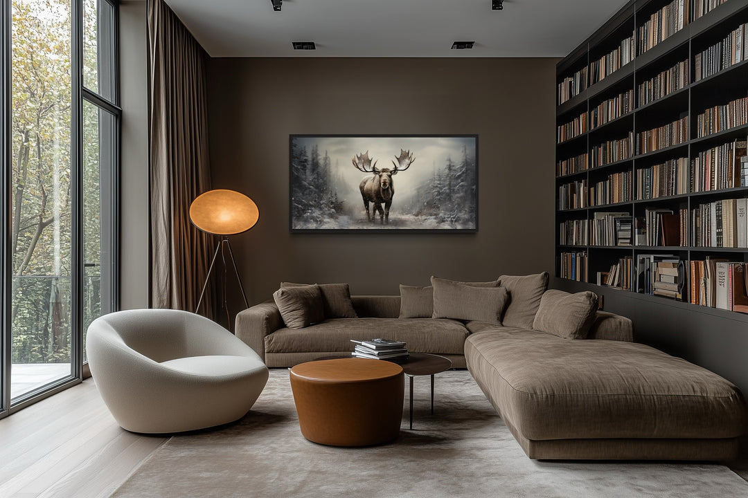 Moose Wall Art – Framed Canvas Print | Rustic Winter Forest Cabin Decor