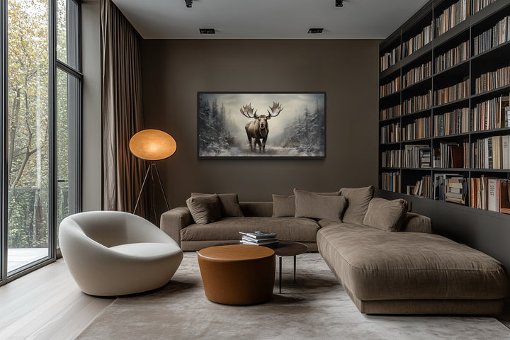 Moose Wall Art – Framed Canvas Print | Rustic Winter Forest Cabin Decor