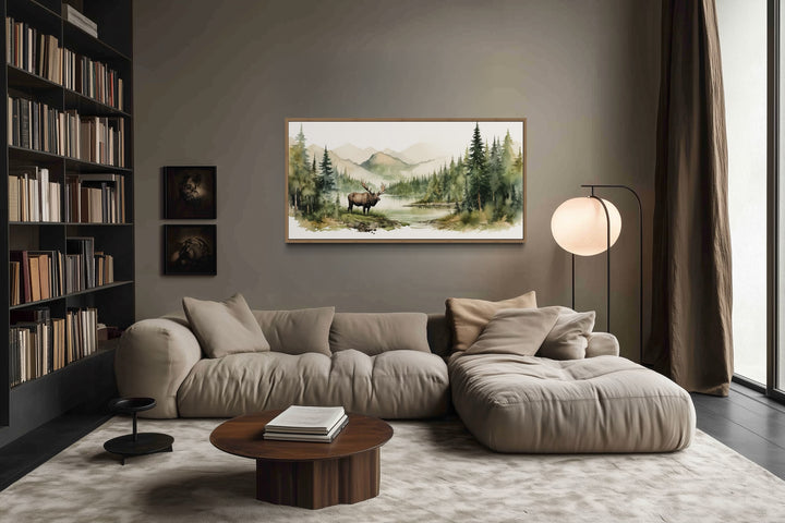 Moose Wall Art - Framed Canvas Print | Serene Mountain Landscape Wildlife Decor