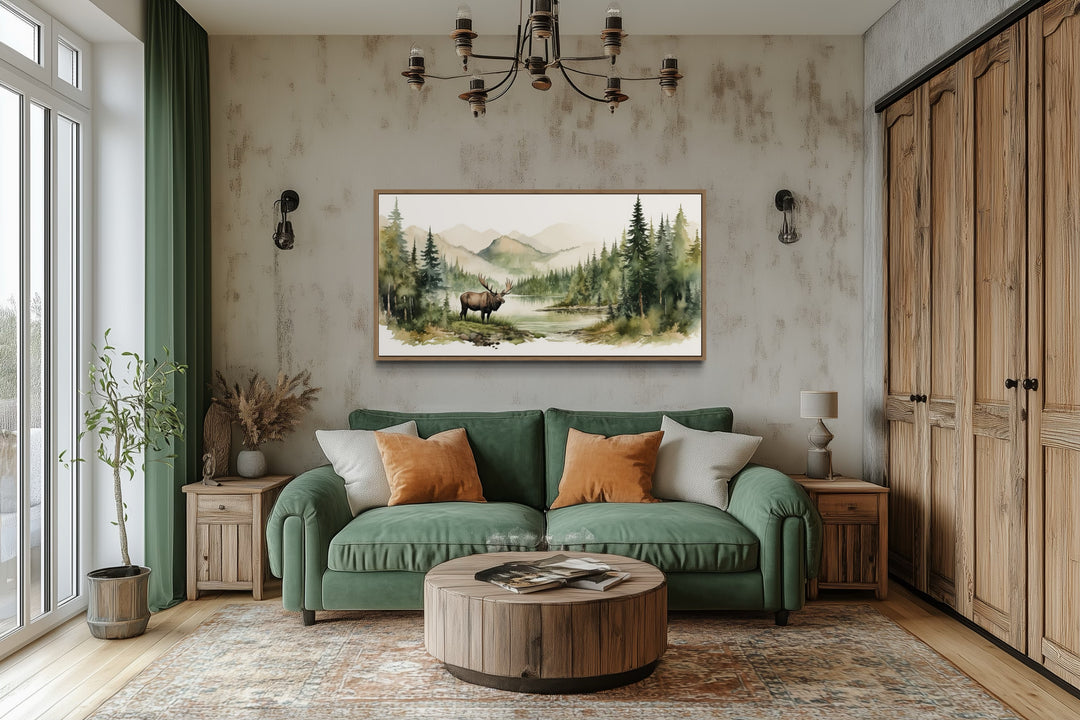 Moose Wall Art - Framed Canvas Print | Serene Mountain Landscape Wildlife Decor