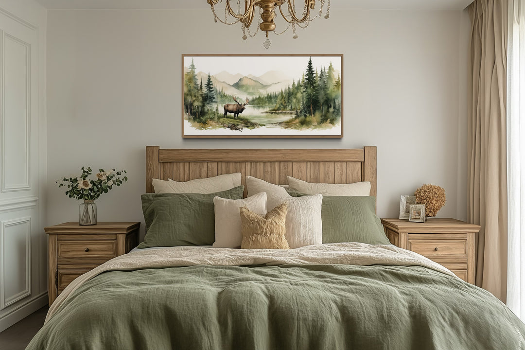 Moose Wall Art - Framed Canvas Print | Serene Mountain Landscape Wildlife Decor