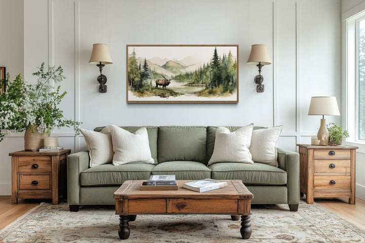 Moose Wall Art - Framed Canvas Print | Serene Mountain Landscape Wildlife Decor