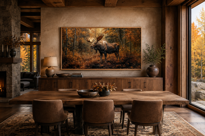 Large moose canvas print in a rustic dining room with warm autumn colors and wood furniture.