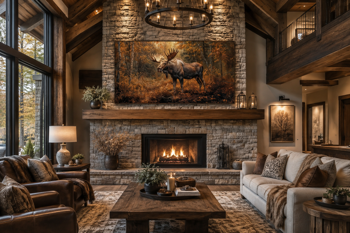 Large canvas print of a moose in an autumn forest hanging above a rustic stone fireplace.