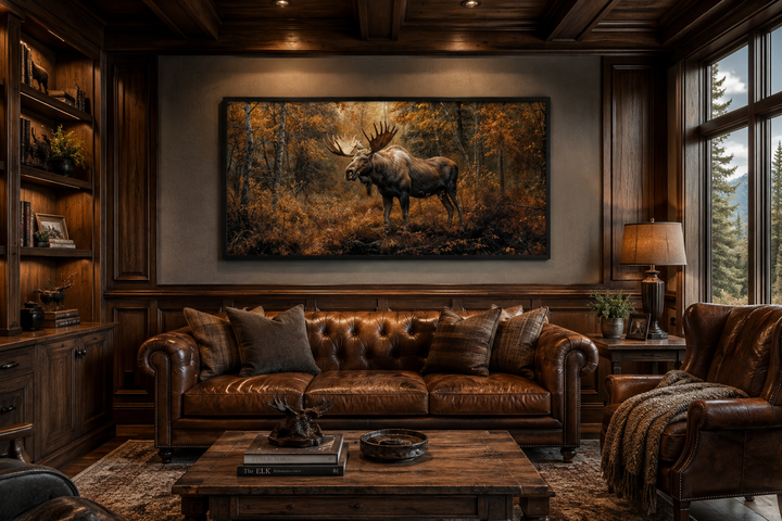 Large canvas print of a moose in an autumn forest hanging in a rustic wood-paneled living room.