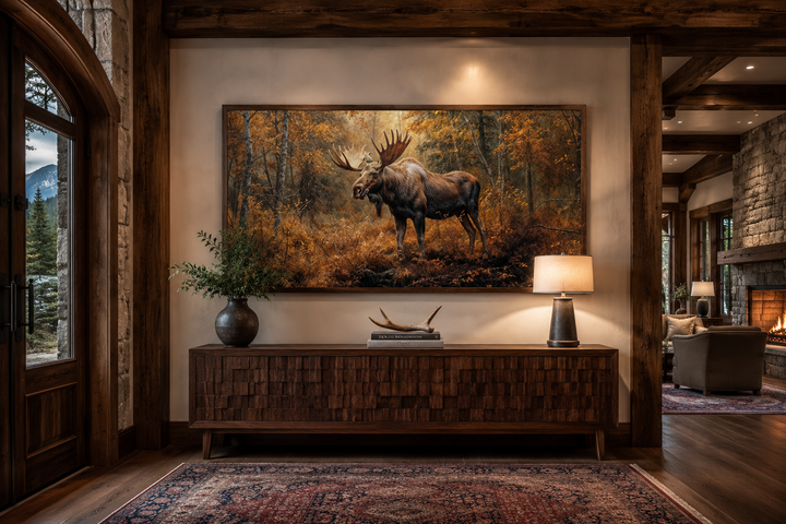 Large moose canvas print in a rustic living room, featuring warm autumn colors and a wooden frame.