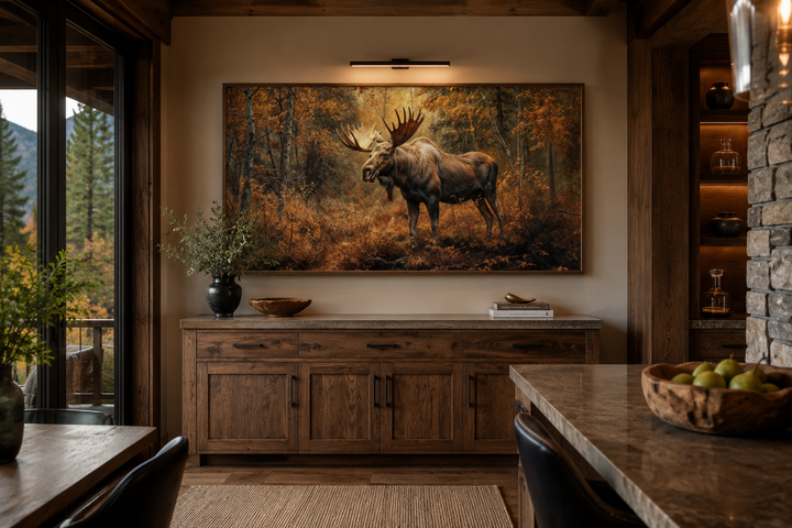 Large moose canvas print in a rustic cabin setting, featuring warm autumn colors and forest scenery.