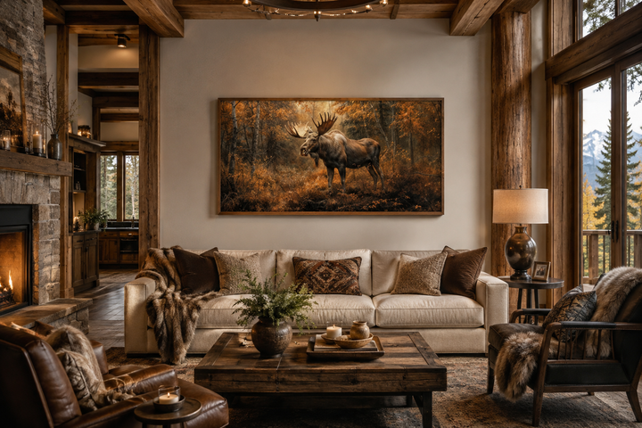 Large horizontal canvas print of a moose in an autumn forest hanging above a sofa in a rustic room.