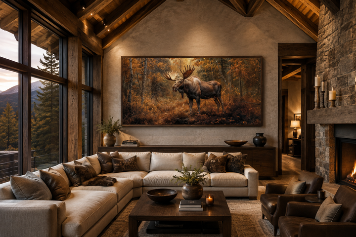 Large framed canvas print of a moose in an autumn forest hanging in a rustic living room.