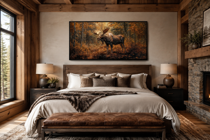 Large framed canvas print of a moose in an autumn forest hanging above a bed in a rustic cabin.