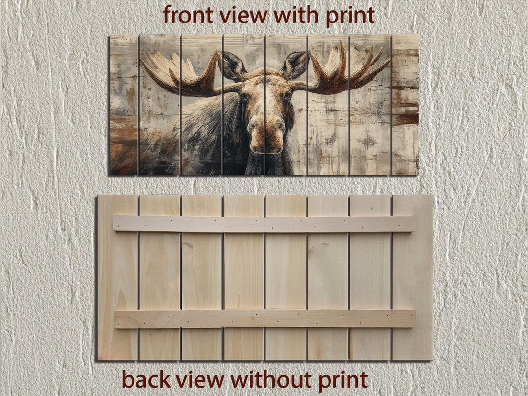 Front and back views of a rustic moose print on horizontal distressed wood planks.