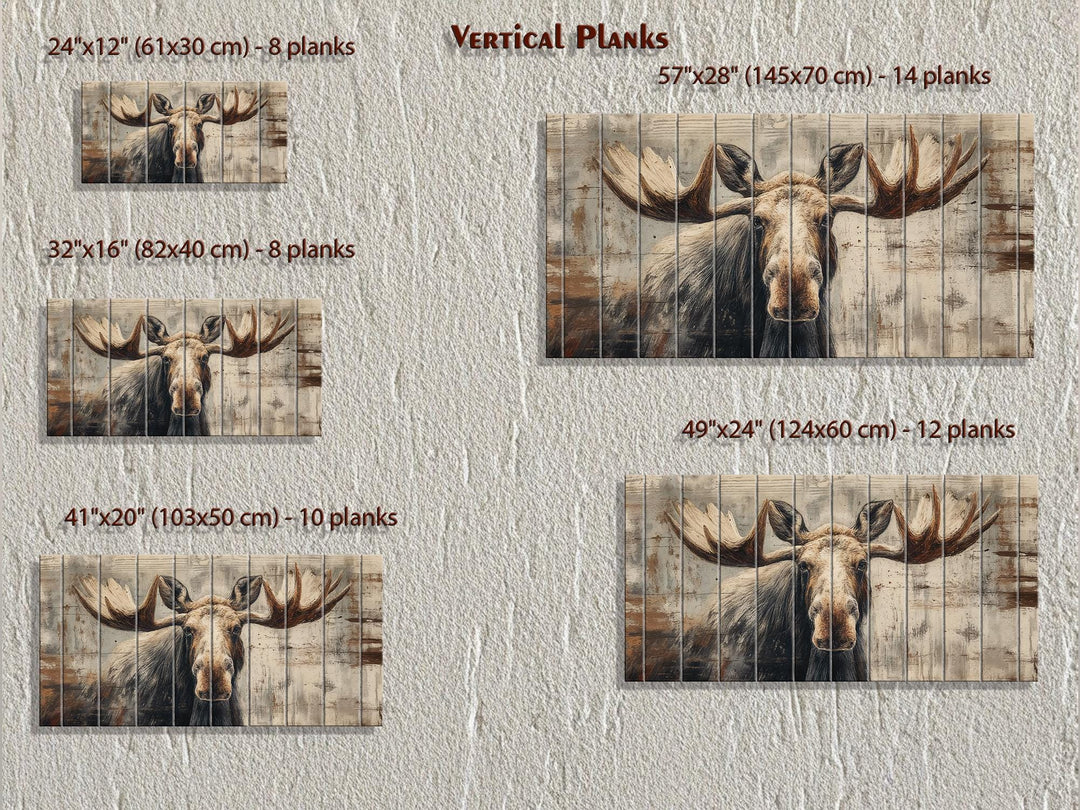 Five sizes of rustic moose wall art printed on vertical wood planks shown against a textured wall.