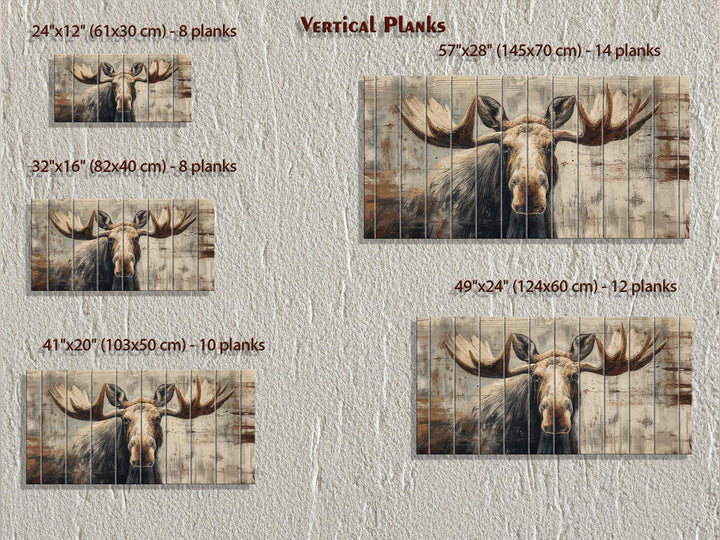 Five sizes of rustic moose wall art printed on vertical wood planks shown against a textured wall.