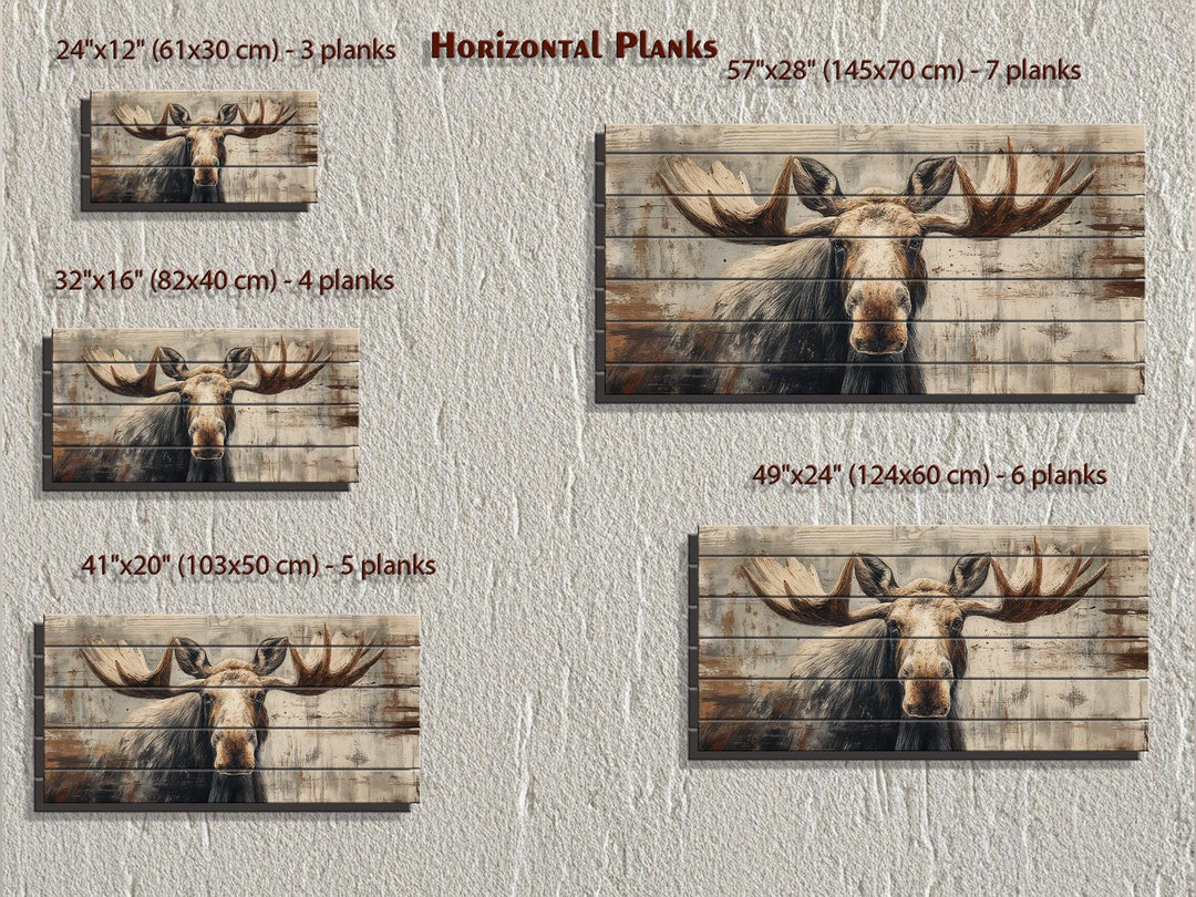 Five sizes of rustic moose wall art printed on horizontal wood planks shown on a textured wall.
