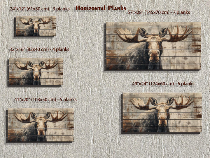 Five sizes of rustic moose wall art printed on horizontal wood planks shown on a textured wall.