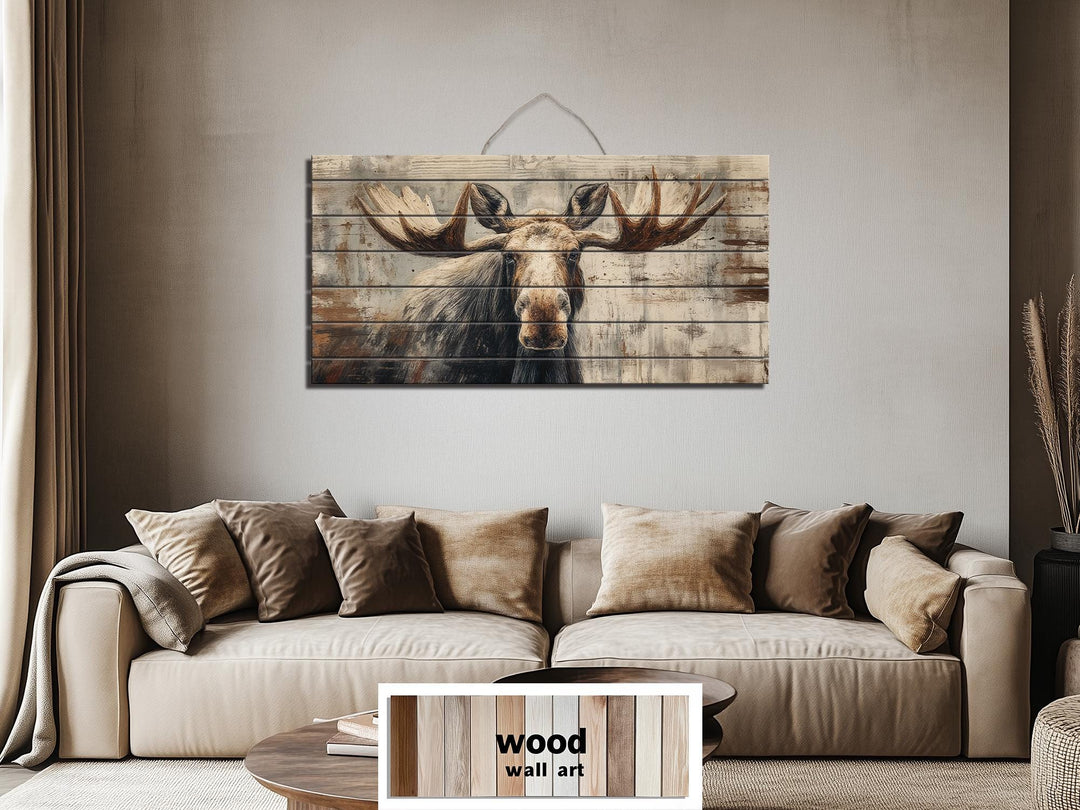 Rustic moose wall art printed on horizontal wood planks hanging above a neutral-toned sofa.
