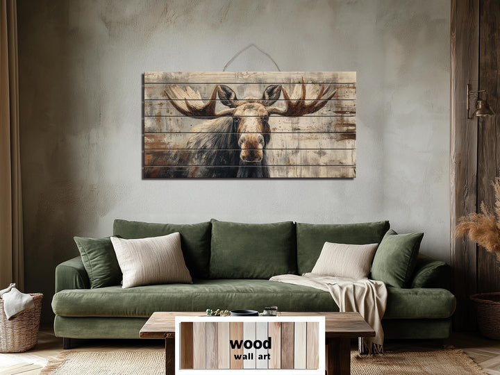 Rustic moose wall art printed on horizontal wood planks, hanging above a green sofa in a cabin room.