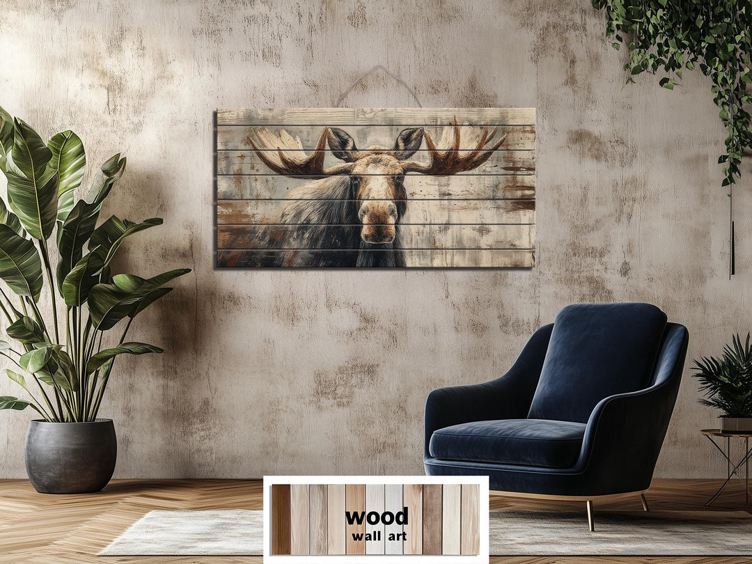 Rustic moose wall art printed on horizontal wood planks, displayed in a modern living room.