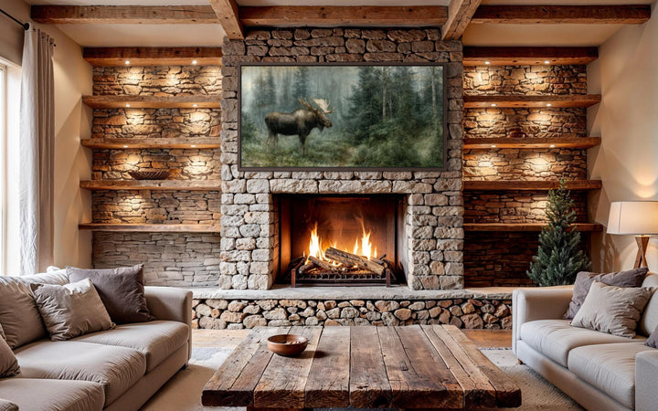 Moose canvas wall art above a stone fireplace in a rustic cabin living room with wooden beams.