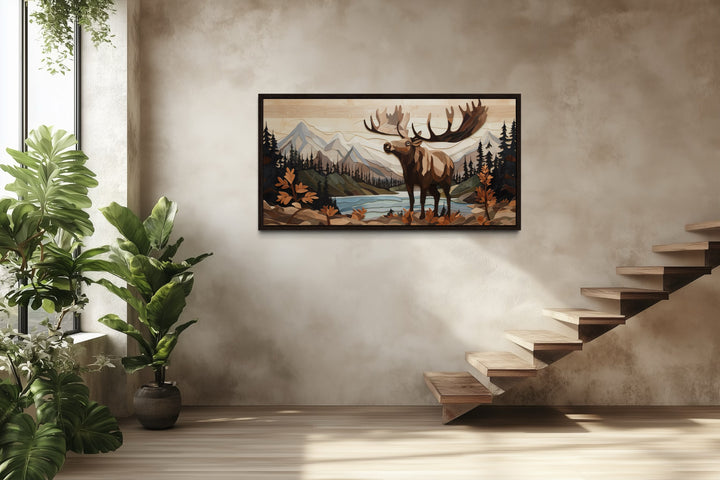 Moose Wall Art - Rustic Wood Panel Framed Canvas for Mountain Lodge Decor
