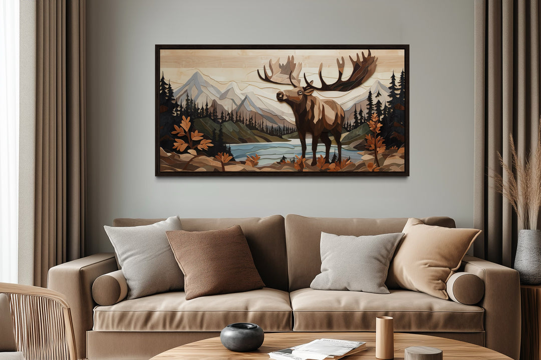 Moose Wall Art - Rustic Wood Panel Framed Canvas for Mountain Lodge Decor